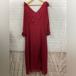 Burgundy Formal Long Dress 100% Polyester Sheer Overlay Bow Details Open Sleeves